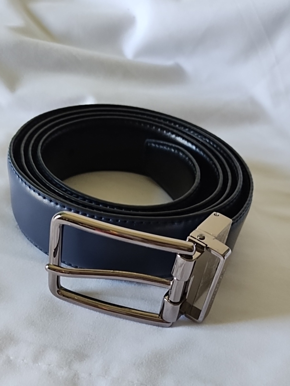 Men's Classic Blue or Black Reversible Leather Belt with Silver Buckle